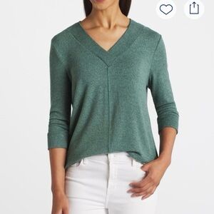 STITCH FIX Pink Clover Teal 3/4 Sleeve V-Neck Top LARGE BUT fits XL